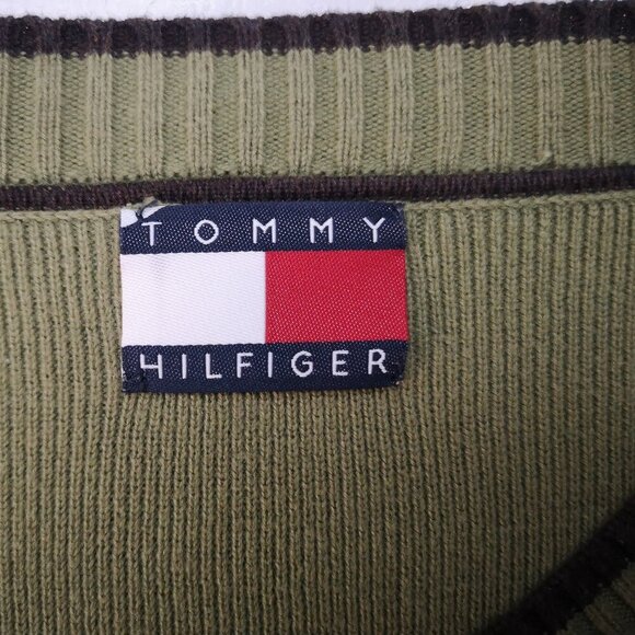 Tommy Hilfiger Men's Size Large Olive Green w/ Brown Straight Fit V-neck Sweater - Picture 3 of 7